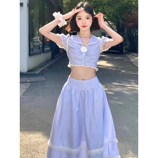 Set: Short-Sleeve Collared Flower Detail Ruched Crop Blouse + High Rise Ruffle Midi A-Line Skirt