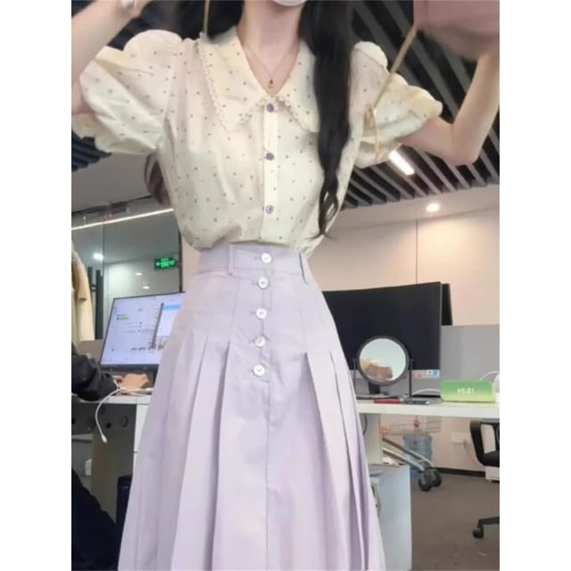 Short-Sleeve Dotted Shirt / High Rise Plain Midi A-Line Skirt / Set