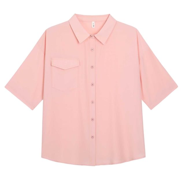 3/4-Sleeve Plain Button-Up Shirt