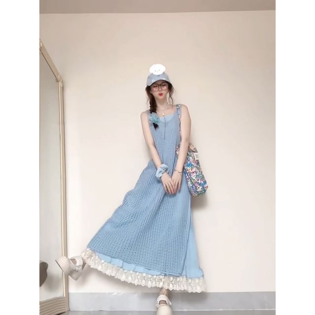 Spaghetti Strap Lace Trim Midi A-Line Dress / Plaid Jumper Dress / Set