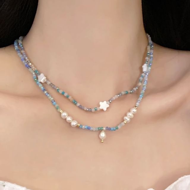 Star Faux Beaded Necklace / Pearl