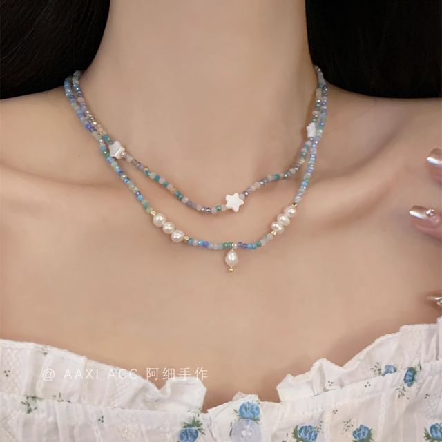 Star Faux Beaded Necklace / Pearl