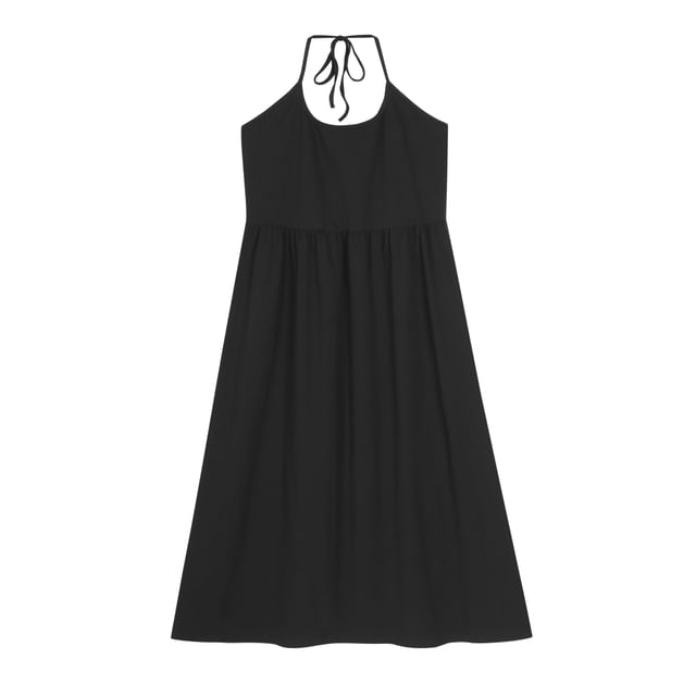 Long-Sleeve Henley Plain T-Shirt / Halter Plain Midi A-Line Dress