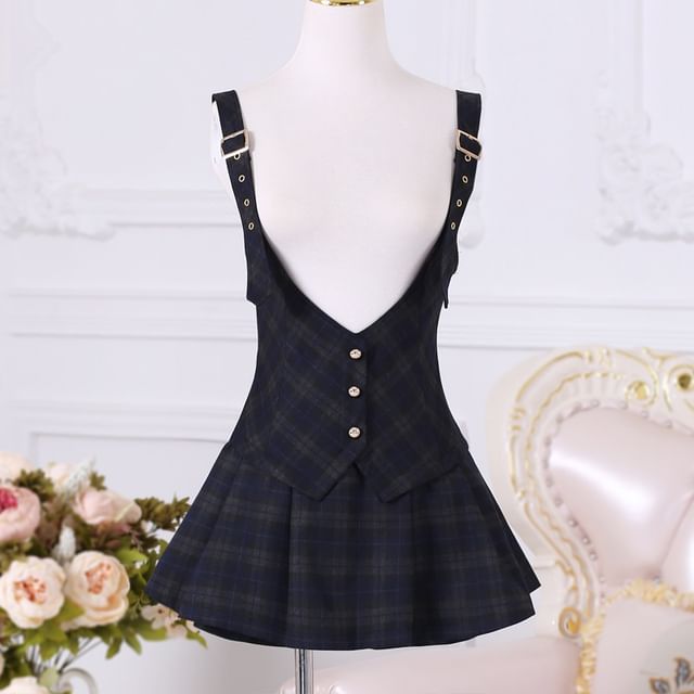 Puff-Sleeve Plain Button-Up Shirt / Plaid Buckled Jumper Shorts / Set