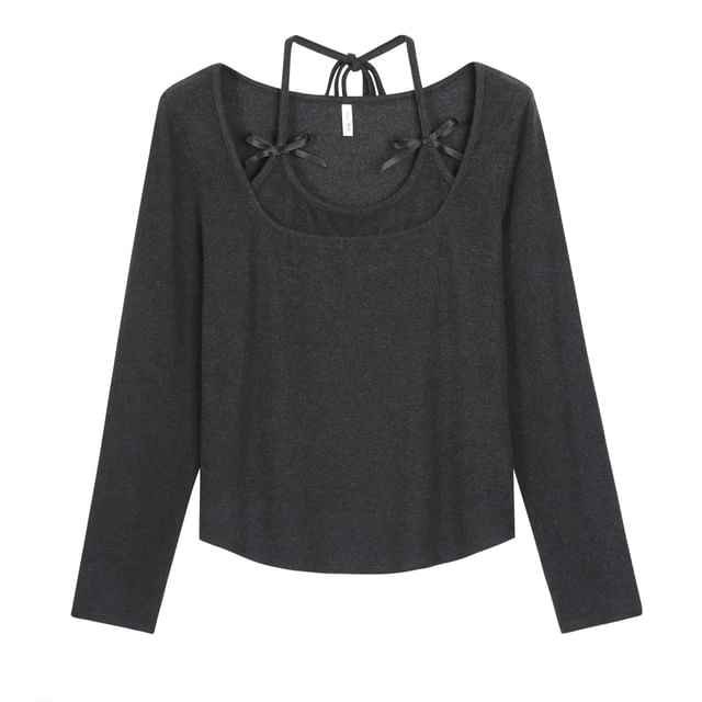 Long-Sleeve Halter Neck Mock Two-Piece Plain Bow Accent T-Shirt