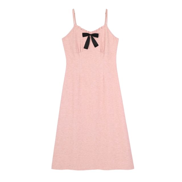 Spaghetti Strap V-Neck Plain Bow Accent Frill Trim Maxi A-Line Dress