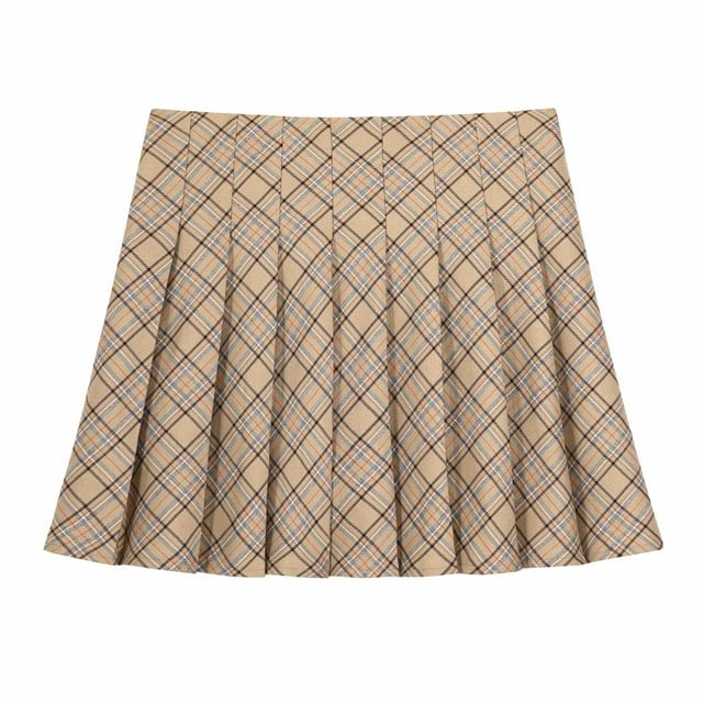 High Waist Plaid Pleated Mini A-Line Skirt