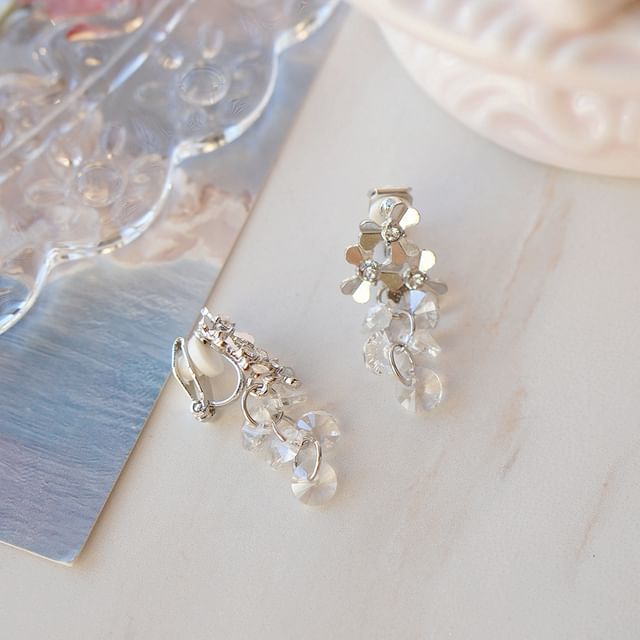 Floral Faux Clip-On / Crystal Rhinestone Drop Earring