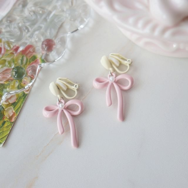 Heart Earring / Clip-On Pearl Drop Bow Faux