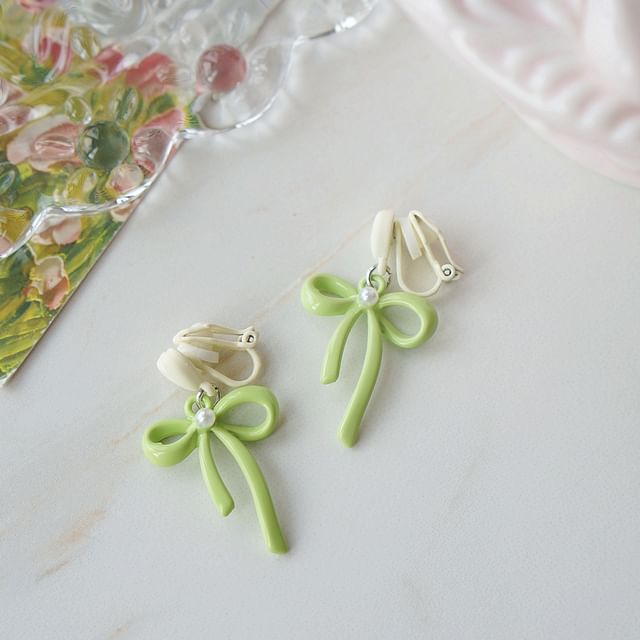 Heart Earring / Clip-On Pearl Drop Bow Faux