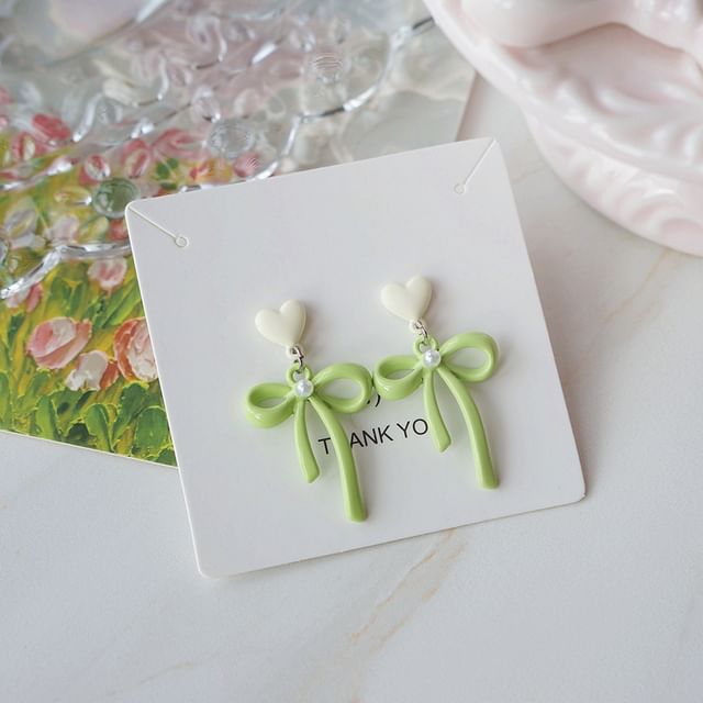 Heart Earring / Clip-On Pearl Drop Bow Faux