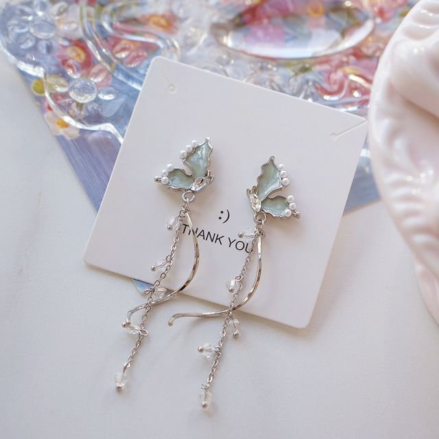 Rhinestone Pearl Butterfly Drop Faux Earring