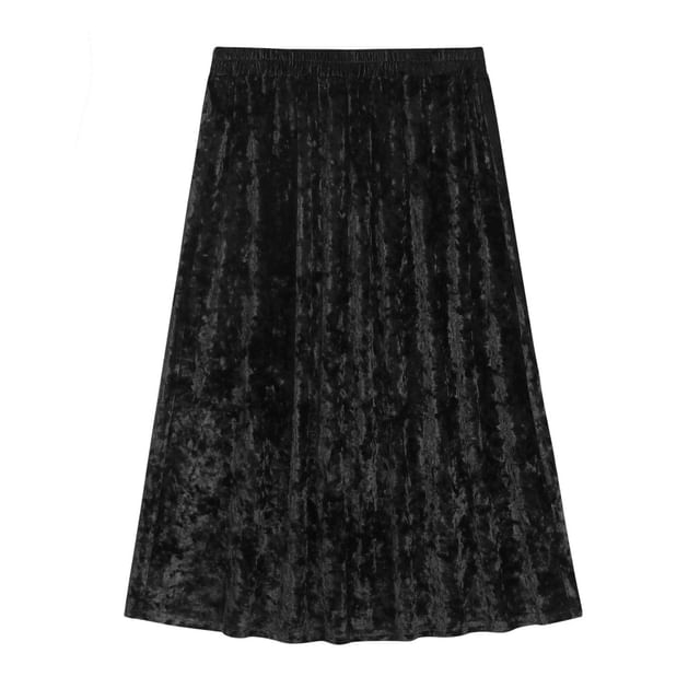 High Waist Plain Velvet Midi A-Line Skirt