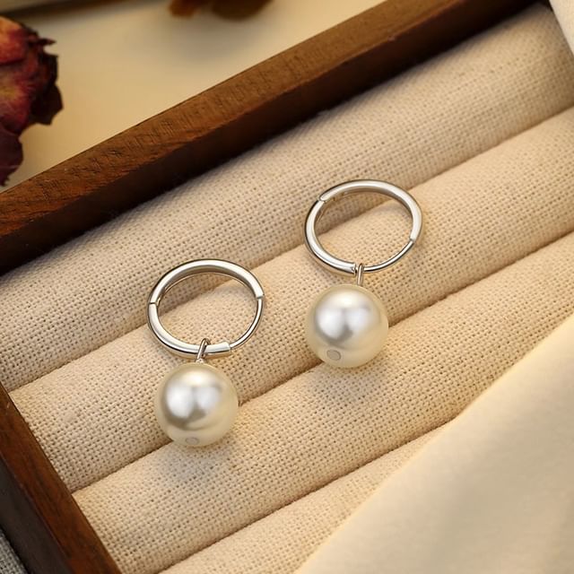 925 Drop Faux Hoop Silver Sterling Earring Pearl