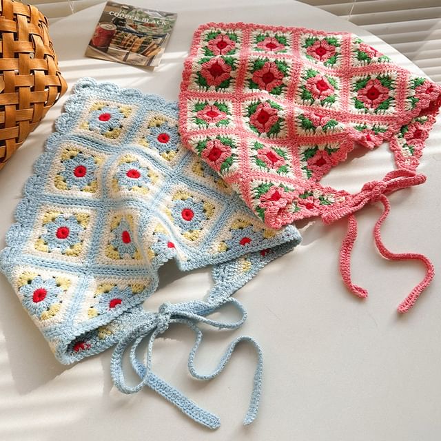 Floral Head Knit Scarf Plaid Triangle