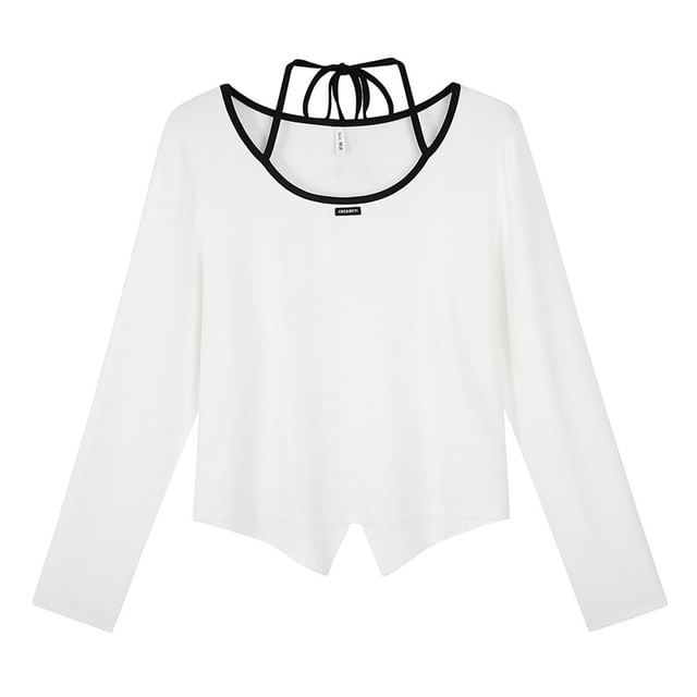 Plus Size Long-Sleeve Scoop Neck Plain Contrast Trim Applique Front-Slit Tee