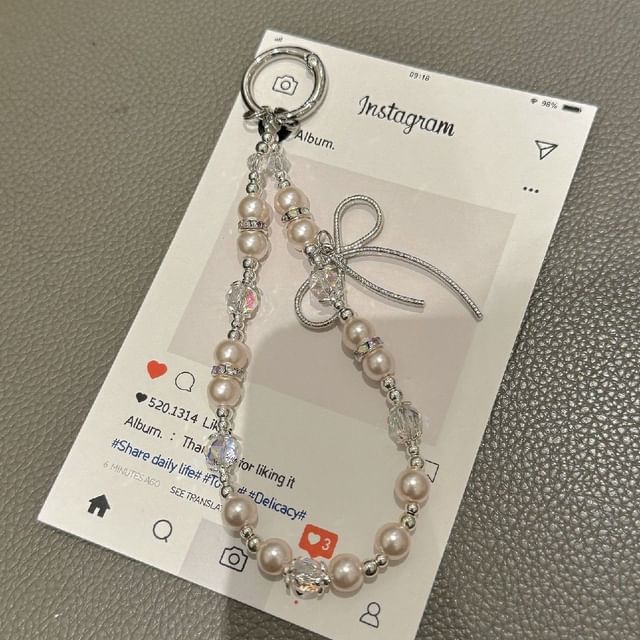 Bow Faux Pad Phone Lanyard with Pearl Strap