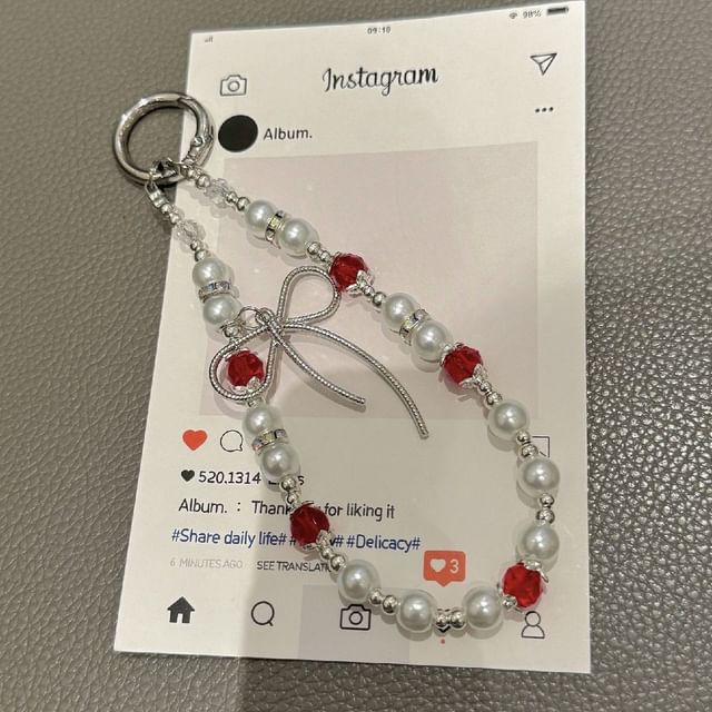Bow Faux Pad Phone Lanyard with Pearl Strap