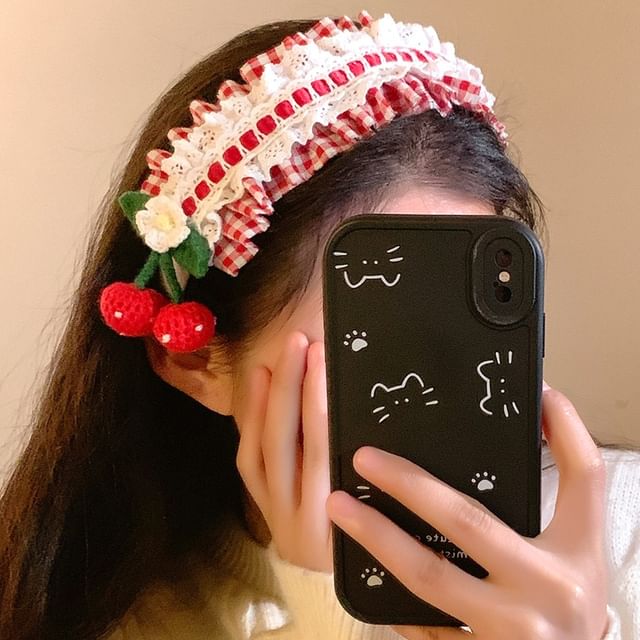 Plaid Detail Cherry Ruffle Headband