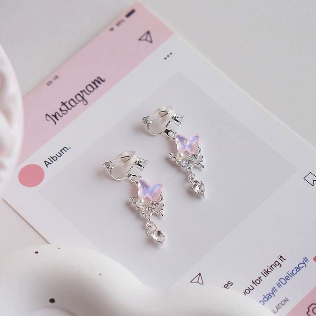 Clip-On Earring Butterfly Rhinestone Pearl Faux / Drop