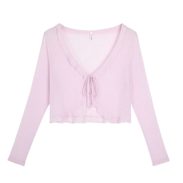 V-Neck Ruffle Trim Tie Front Plain Sheer Crop Cardigan