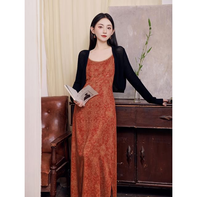 Spaghetti Strap Scoop Neck Patterned Slit Maxi A-Line Dress / Plain Crop Cardigan / Set