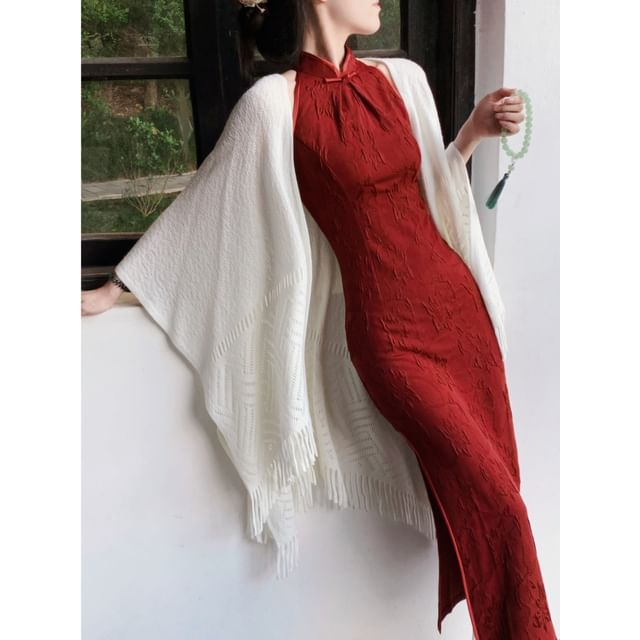 Halter Neck Stand Collar Floral Jacquard Slit Midi Sheath Qipao / Plain Perforated Fringed Shawl / Set