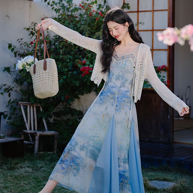 Spaghetti Strap V-Neck Tie Dye Shell Fringed Midi A-Line Dress / Perforated Tie Front Plain Crop Cardigan / Set