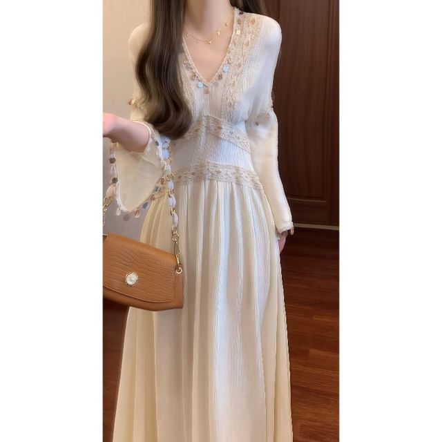 Long-Sleeve V-Neck Lace Panel Shell Fringed Maxi A-Line Dress