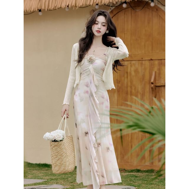 Spaghetti Strap V-Neck Tie Dye Floral Accent Ruffle Trim Ruched Maxi Mermaid Dress / Plain Lace Trim Crop Cardigan / Set