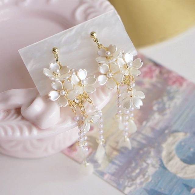 Sterling Earring / Pearl Faux Flower Drop Silver Clip-On 925