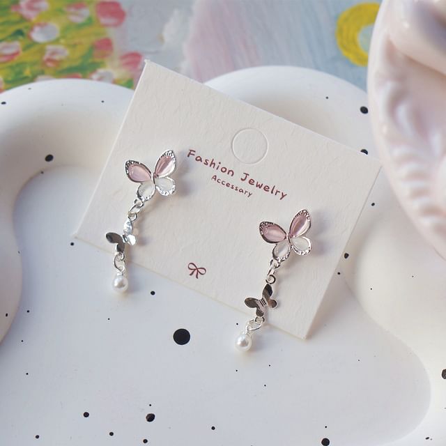Faux Earring Silver / Sterling 925 Drop Clip-On Butterfly Pearl