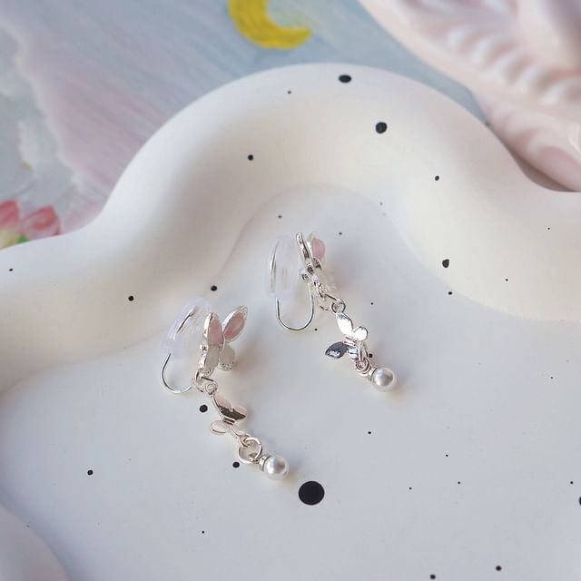 Faux Earring Silver / Sterling 925 Drop Clip-On Butterfly Pearl