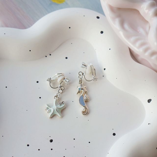925 Drop Silver Sterling Starfish Earring / Clip-On Rhinestone