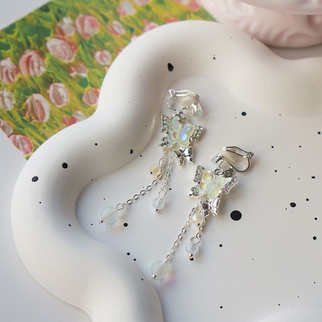 Sterling / Earring 925 Drop Butterfly Silver Bead Clip-On