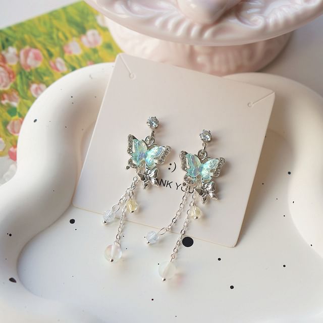 Sterling / Earring 925 Drop Butterfly Silver Bead Clip-On
