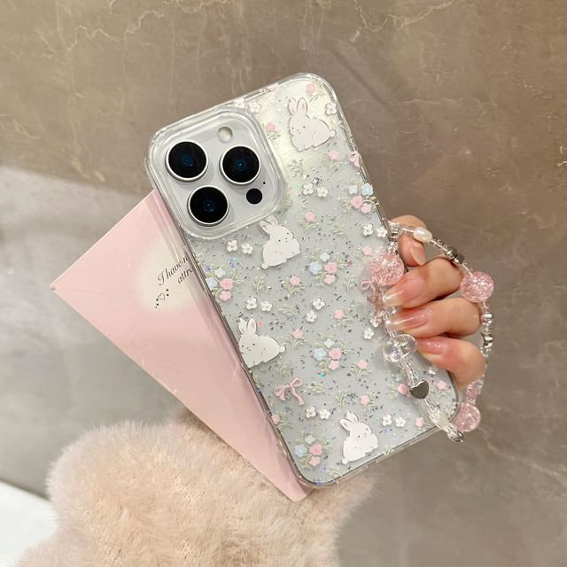 Phone Case Set Rabbit Print Bead Strap /