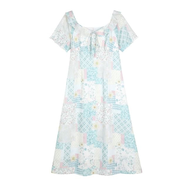 Short-Sleeve Collar Floral Bow Midi A-Line Dress / Sleeveless Sundress