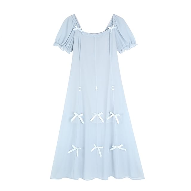 Spaghetti Strap / Short-Sleeve Plain Bow Midi A-Line Dress