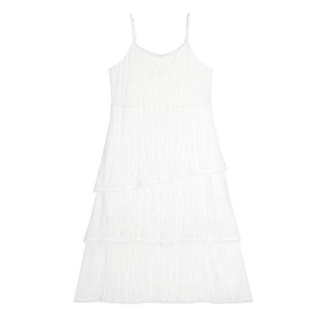 Spaghetti Strap Plain Tiered Midi A-Line Dress