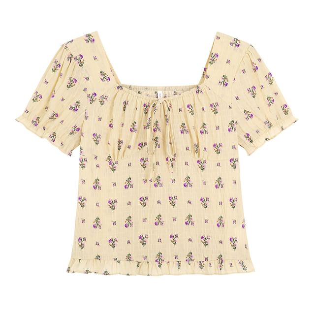Short-Sleeve Square Neck Floral Bow Blouse