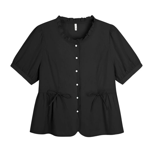 Short-Sleeve Crew Neck Plain Bow Blouse