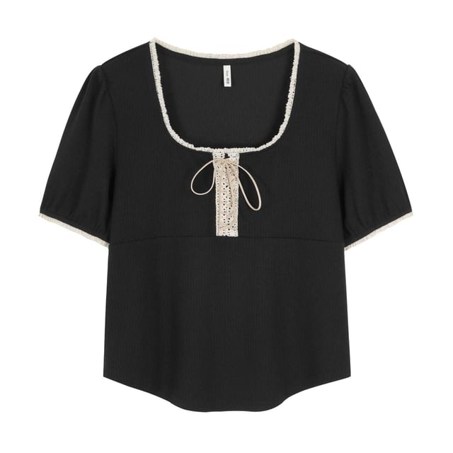 Short-Sleeve Square Neck Lace-Up Slim Fit Tee