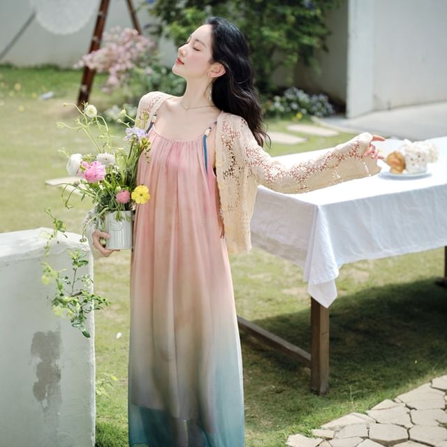 Spaghetti Strap Gradient Maxi A-Line Dress / V-Neck Plain Crochet Cardigan / Set