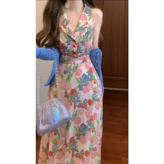 Sleeveless Collared Floral Print Button Maxi A-Line Dress / Plain Cardigan / Set