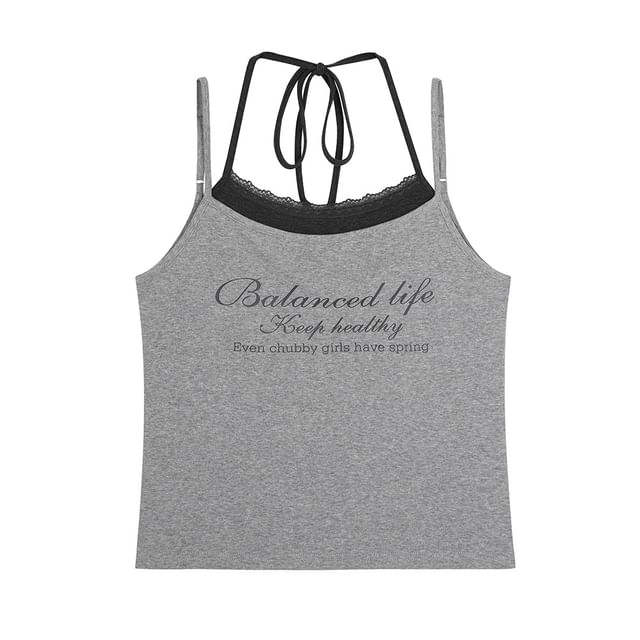 Mock Two-Piece Halter Lettering Slim Fit Camisole Top