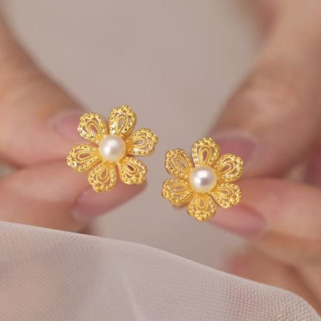 Alloy Earring Pearl Stud Floral Faux