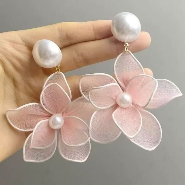 Floral Earring Faux Alloy Statement Mesh Pearl