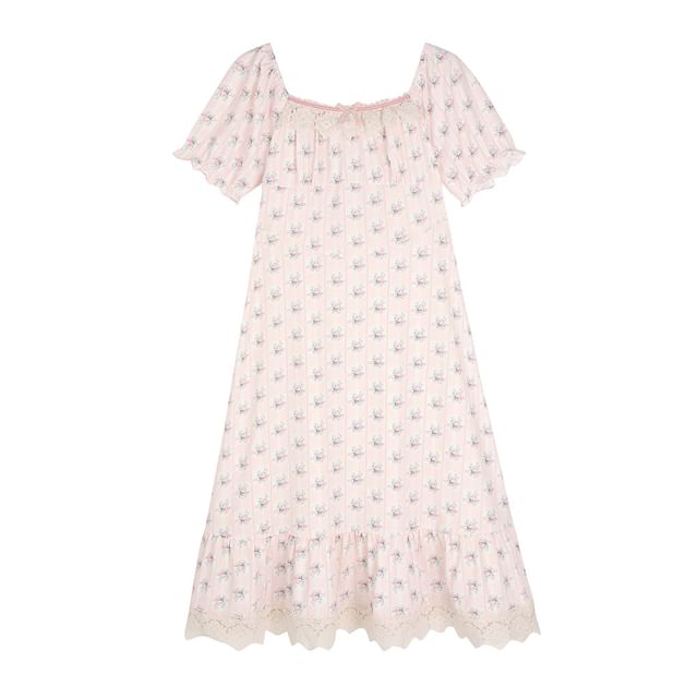 Plus Size Short-Sleeve Square Neck Floral Midi A-Line Dress