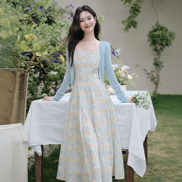 Sleeveless Square Neck Floral Print Midi A-Line Dress / Plain Open Front Crop Cardigan / Set